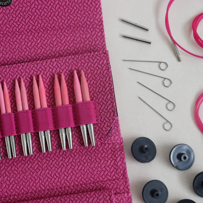 lykke blush interchangeable knitting needle set in magenta basketweave