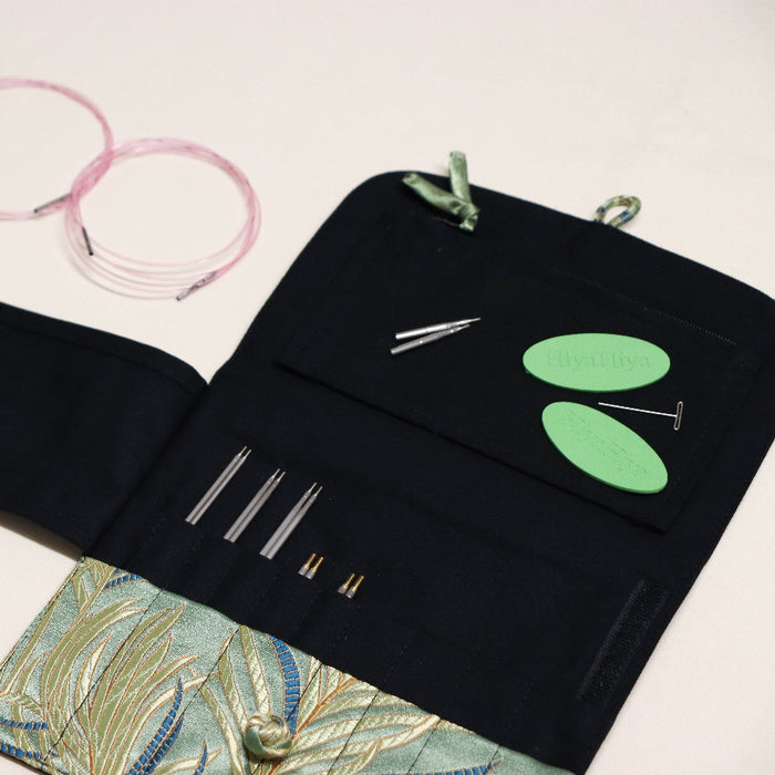 HiyaHiya interchangeable sock set. Selection of interchangeable needles, cables and accessories in a Chinese brocade style soft cloth knitting needle pouch.