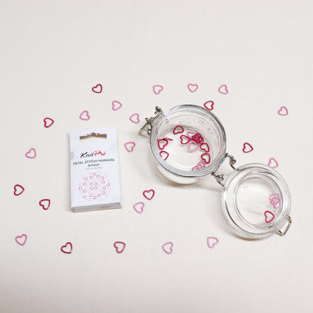 knitpro amour metal heart shaped stitch markers in pink and red