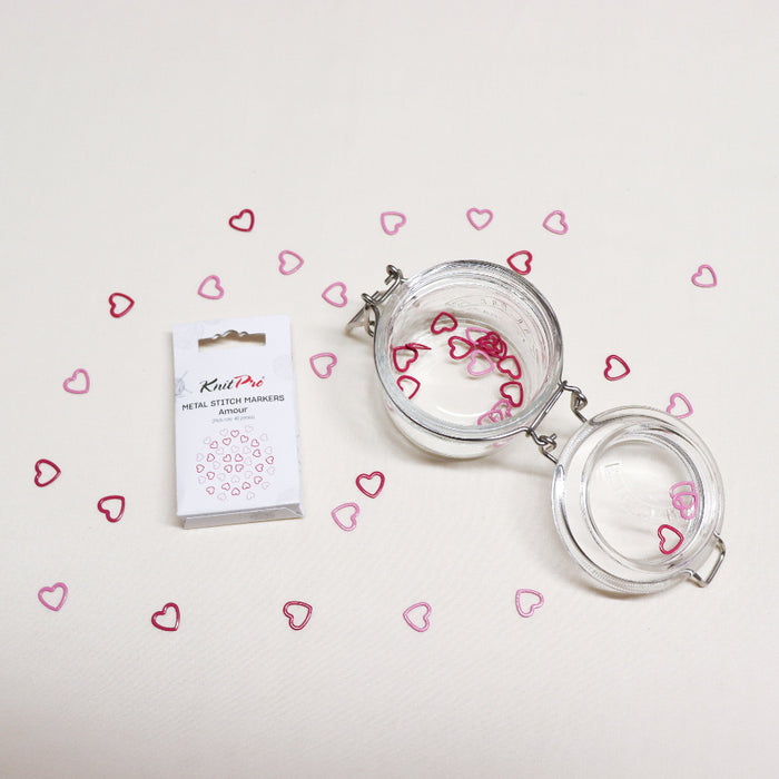 knitpro amour metal heart shaped stitch markers in pink and red