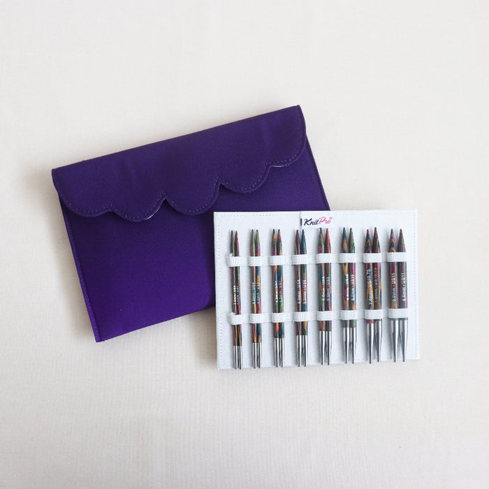 KnitPro Deluxe Symfonie Interchangeable Needle Set. 8 colourful symfonie needle tips in a purple plush case.