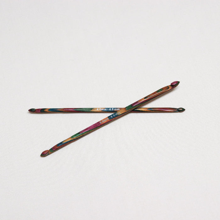 knitpro symfonie multicoloured layered wood design double ended crochet hook.