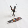 knitpro symfonie interchangeable knitting needle tips. Multicoloured layered wood tips with silver metal connecting joins.