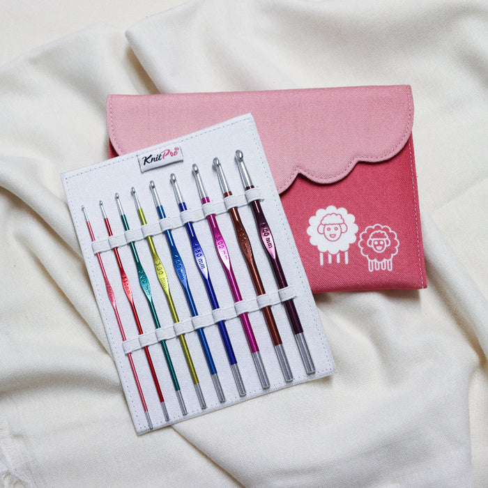 Knitpro zing crochet hooks set. Different coloured crochet hooks in a pink plush case.