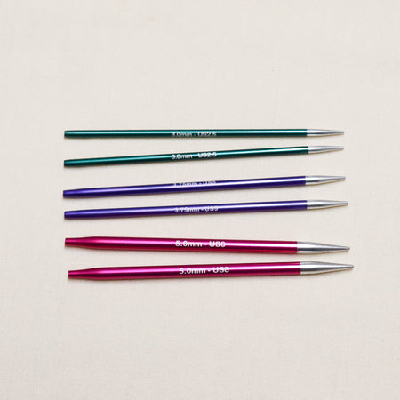 knitpro zing interchangeable tips in colour coded aluminium metal with size laser etched.