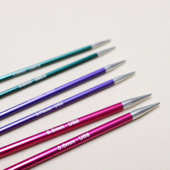 knitpro zing interchangeable tips in colour coded aluminium metal with size laser etched.