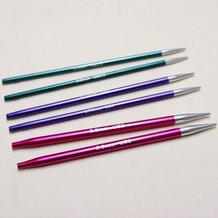 knitpro zing interchangeable tips in colour coded aluminium metal with size laser etched.