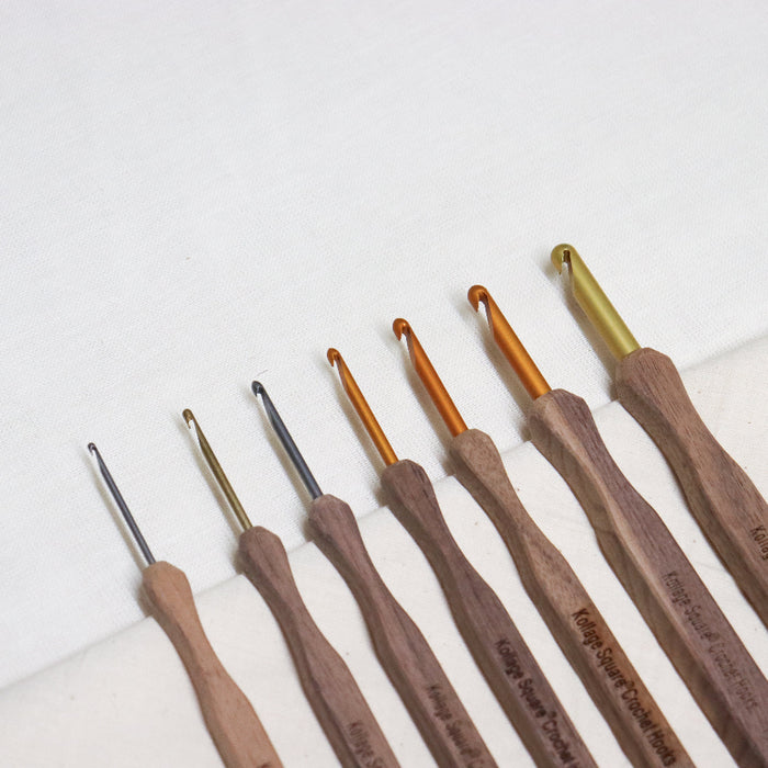 Kollage square crochet hooks. Aluminium rounded tip with walnut wooden handle.