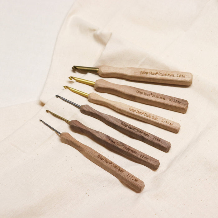 Kollage square crochet hooks. Aluminium pointed tip with walnut wooden handle.