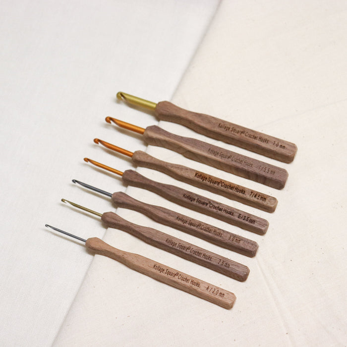 Kollage square crochet hooks. Aluminium pointed tip with walnut wooden handle.