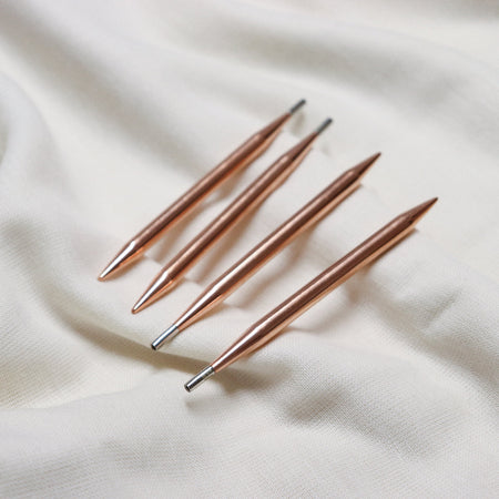 Lykke Cypra copper interchangeable knitting needle tips.