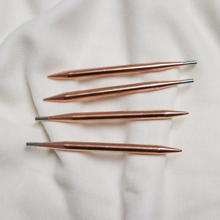 Lykke Cypra copper interchangeable knitting needle tips.