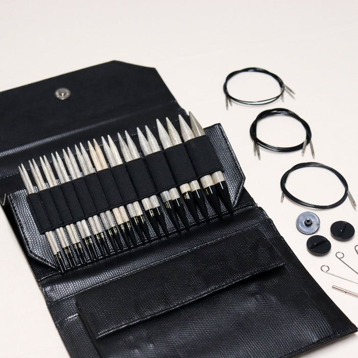 lykke driftwood interchangeable circular knitting needle set in black faux leather