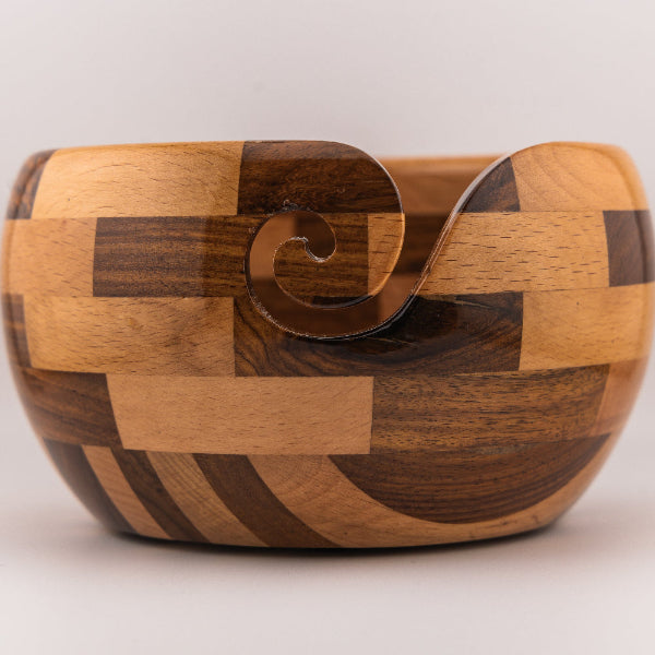 wooden yarn bowl in mosaic pattern